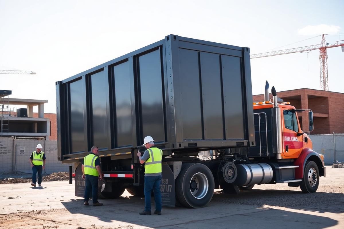 Roll-off truck delivering a dumpster at a Denver metro construction site
